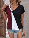 Color Block Decorative Button V-Neck Tee Wine Women's T-Shirts - Tophatter Daily Deals