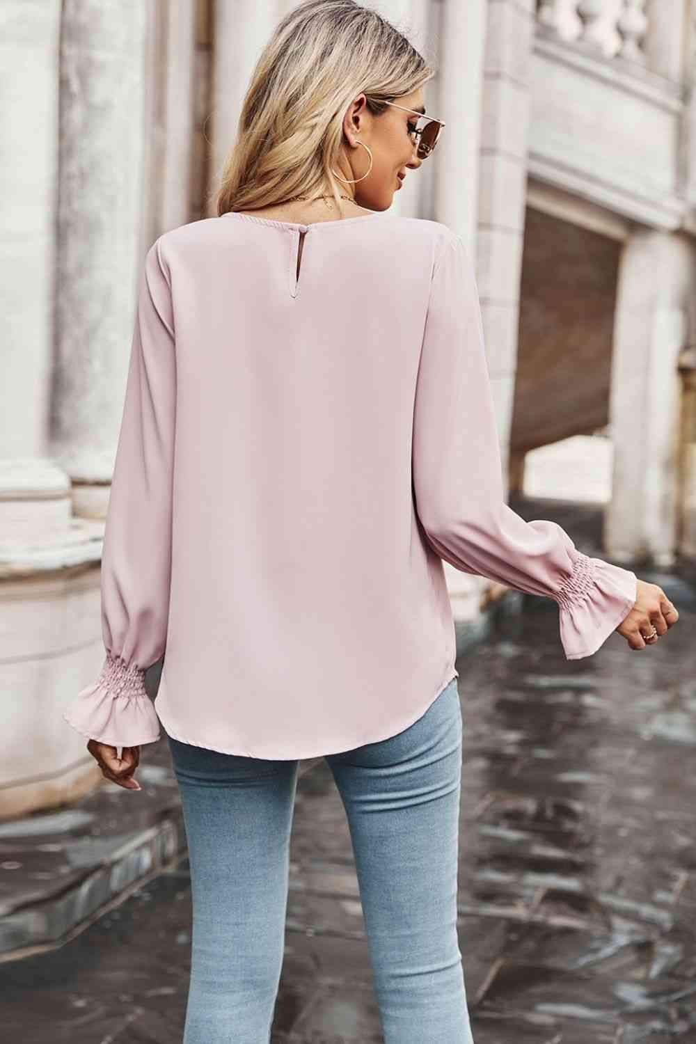 Round Neck Long Flounce Sleeve Blouse Blouses - Tophatter Daily Deals