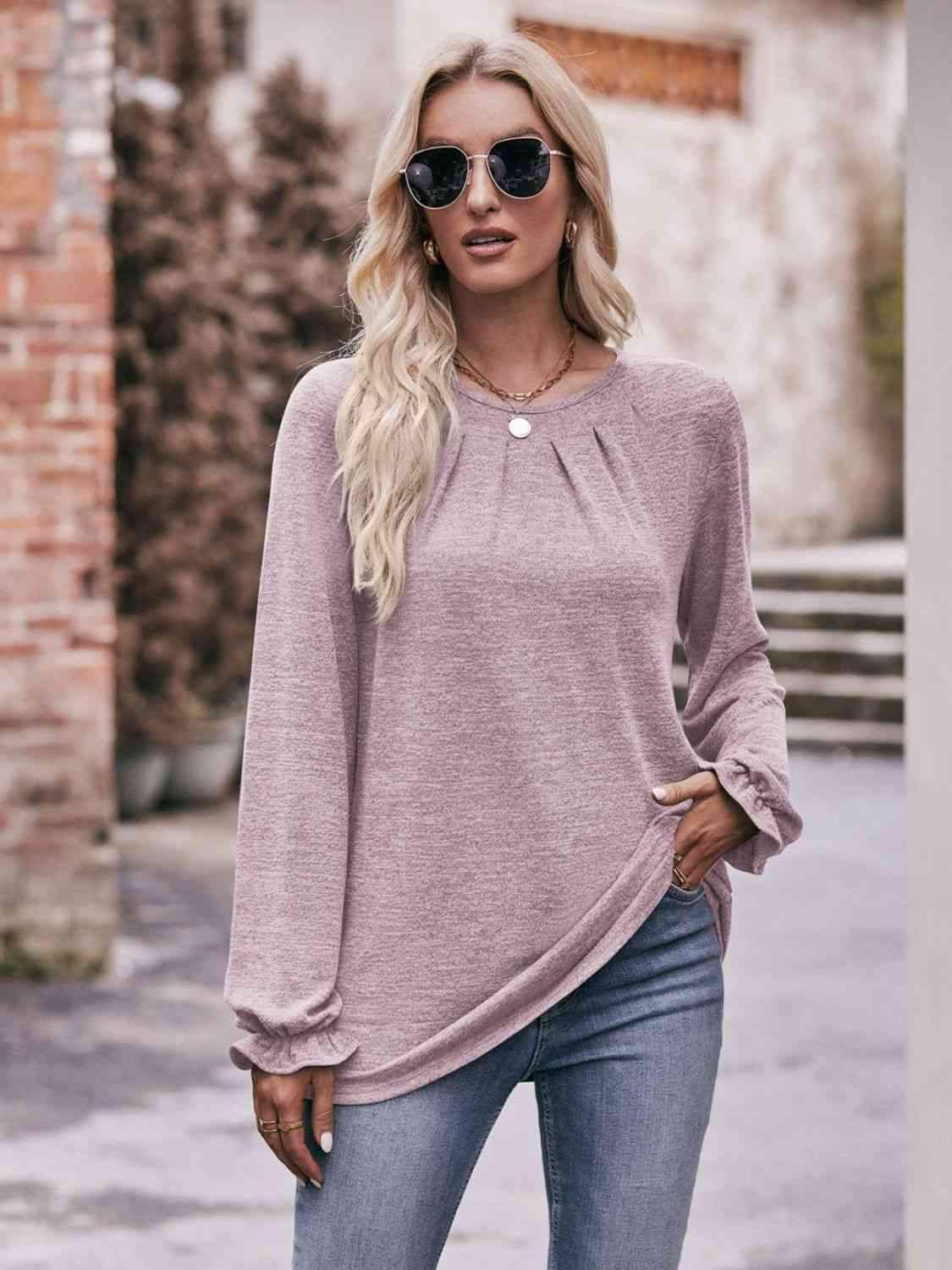 Double Take Long Flounce Sleeve Round Neck Blouse Blouses - Tophatter Daily Deals