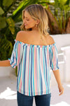 Rainbow Stripe Off-Shoulder Frilled Flounce Sleeve Blouse Blouses - Tophatter Daily Deals