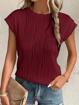 Textured Round Neck Cap Sleeve T-Shirt Wine Women's T-Shirts - Tophatter Daily Deals