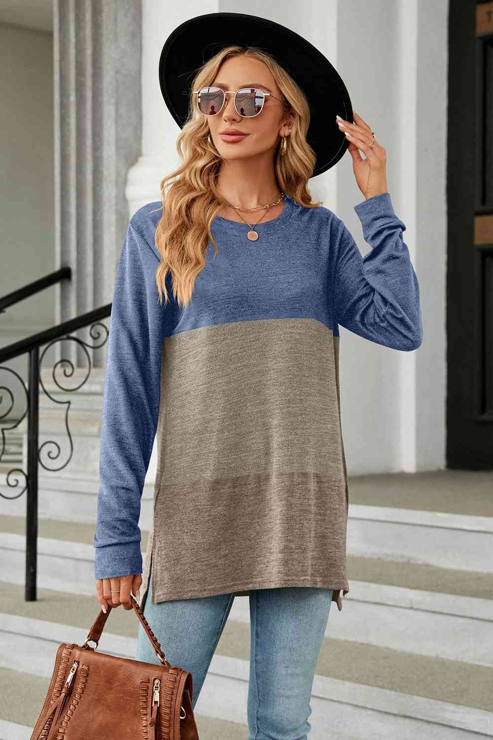 Color Block Round Neck Long Sleeve Slit T-Shirt Dusty Blue Women's T-Shirts - Tophatter Daily Deals