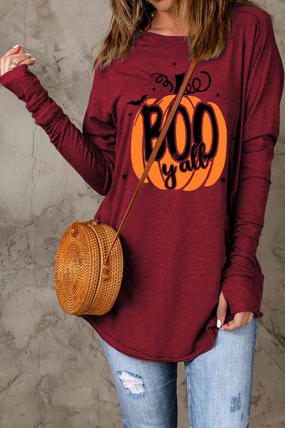 Pumpkin Graphic Thumbhole Sleeve T-Shirt Women's T-Shirts - Tophatter Daily Deals