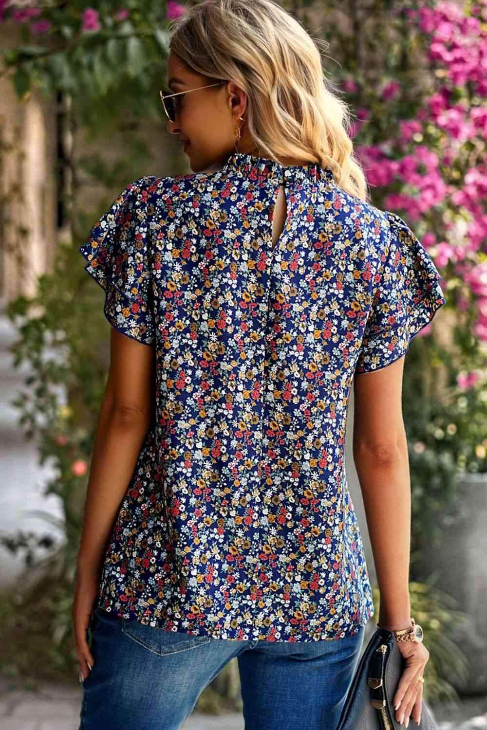 Floral Round Neck Flutter Sleeve Blouse Blouses - Tophatter Daily Deals