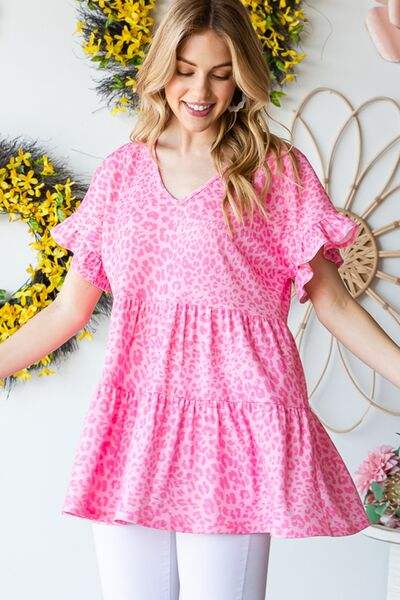 Heimish Full Size Leopard Ruffle Trim Short Sleeve Top PINK Blouses - Tophatter Daily Deals