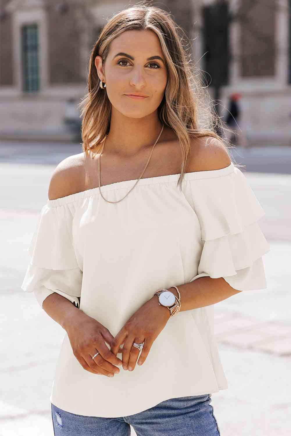 Off-Shoulder Layered Sleeve Blouse Ivory Blouses - Tophatter Daily Deals