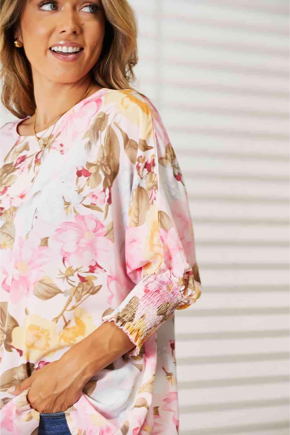 Double Take Floral Round Neck Three-Quarter Sleeve Top Blouses - Tophatter Daily Deals