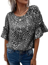 Leopard Round Neck Frill Trim Blouse Blouses - Tophatter Daily Deals