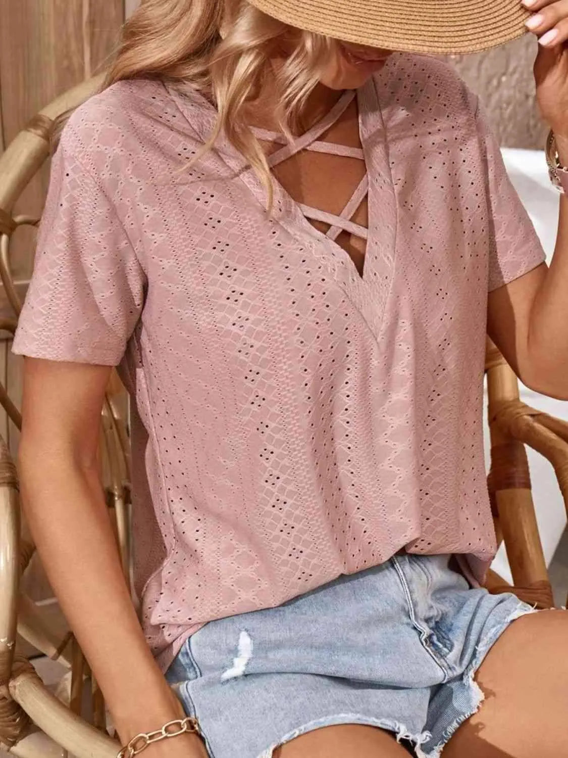 Crisscross V-Neck Eyelet Top Dusty Pink Women's T-Shirts - Tophatter Daily Deals