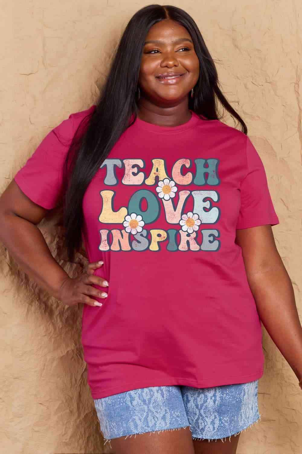 Simply Love Full Size TEACH LOVE INSPIRE Graphic Cotton T-Shirt Women's T-Shirts - Tophatter Daily Deals