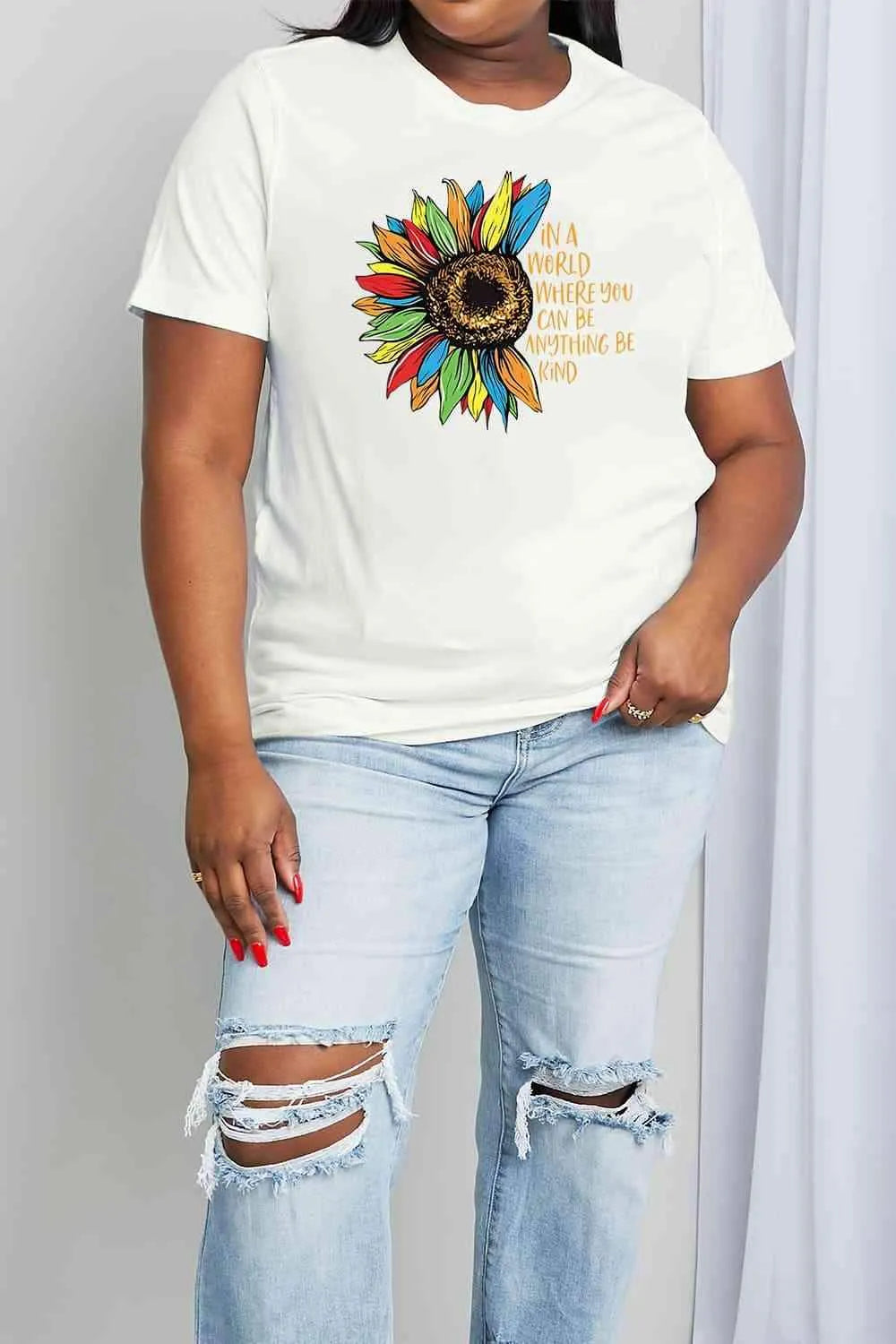 Simply Love Full Size Flower Slogan Graphic Cotton Tee Women's T-Shirts - Tophatter Daily Deals