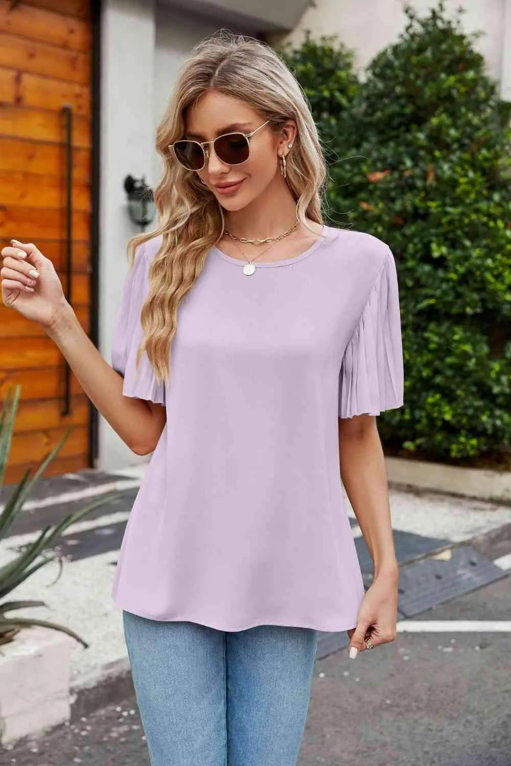 Pleated Flutter Sleeve Round Neck Blouse Blouses - Tophatter Daily Deals