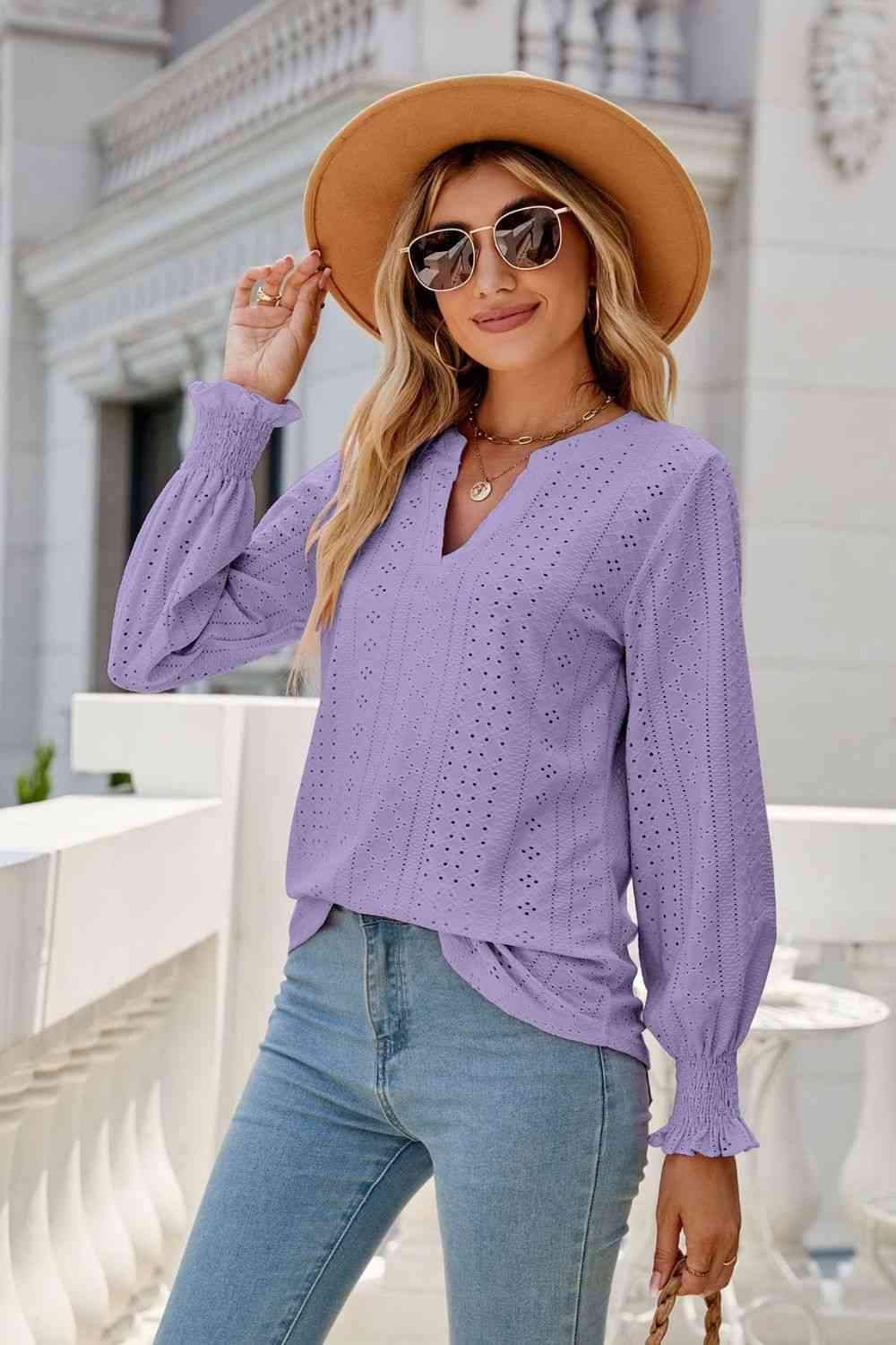 Notched Flounce Sleeve Eyelet Top Blouses - Tophatter Daily Deals