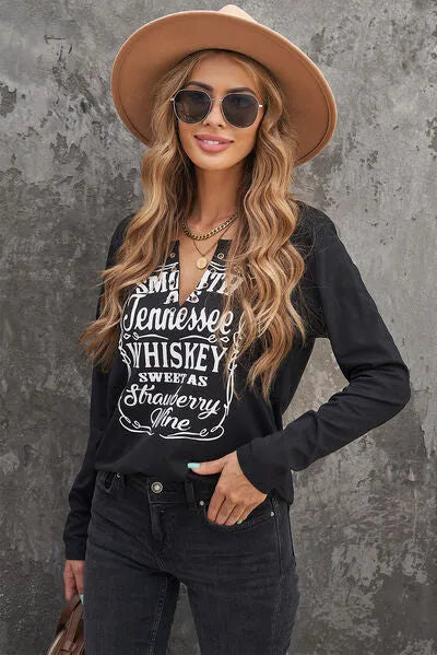 Letter Graphic Notched Long Sleeve T-Shirt Women's T-Shirts - Tophatter Daily Deals