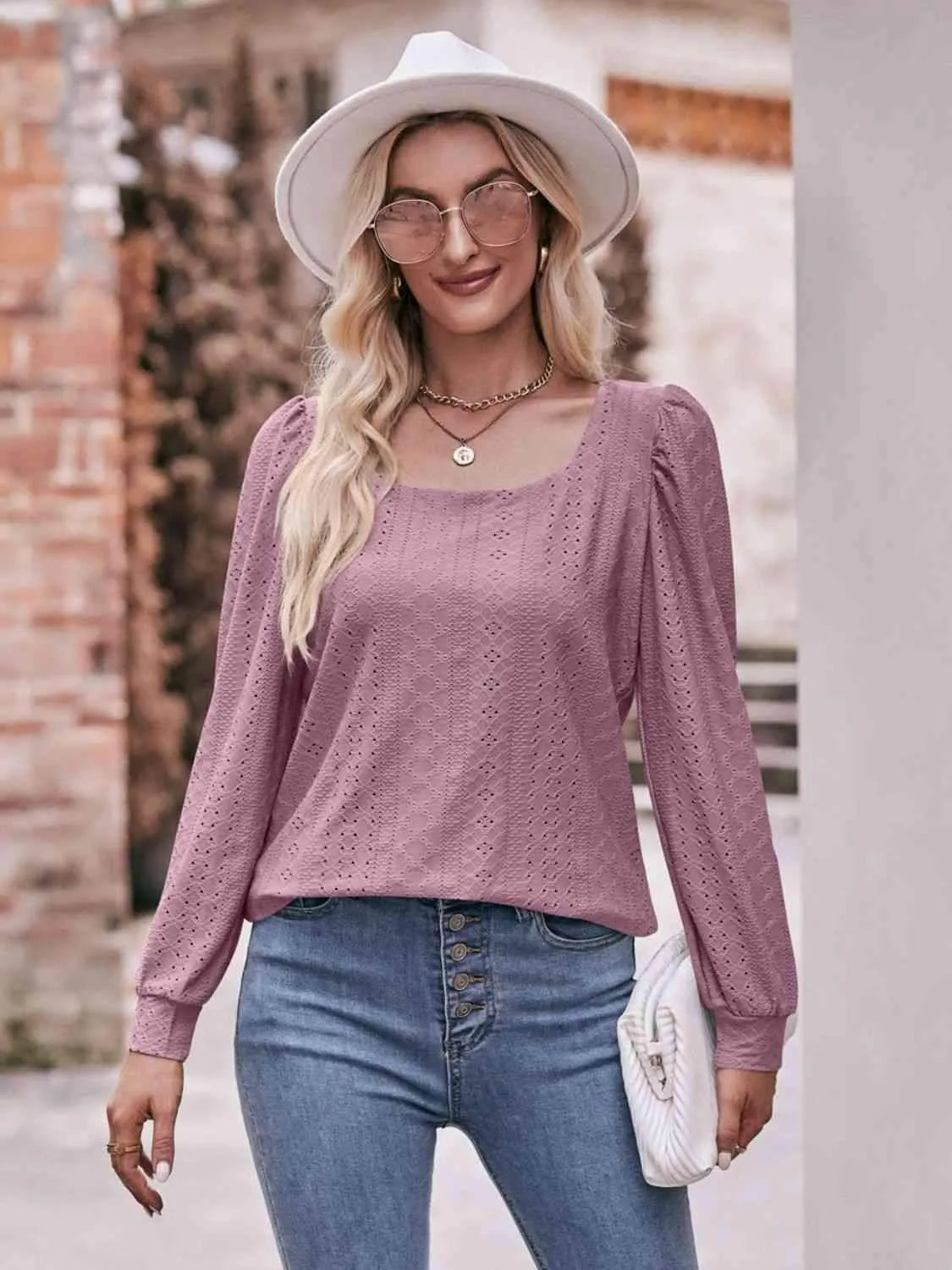 Double Take Eyelet Square Neck Puff Sleeve Blouse Moonlit Mauve Blouses - Tophatter Daily Deals