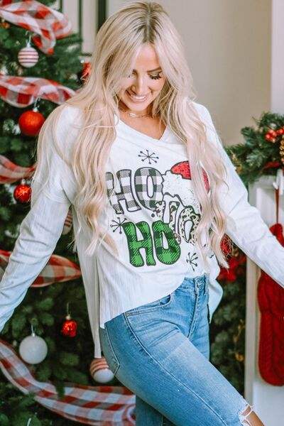 V-Neck Christmas Graphic High-Low Design Long Sleeve Top Women's T-Shirts - Tophatter Daily Deals