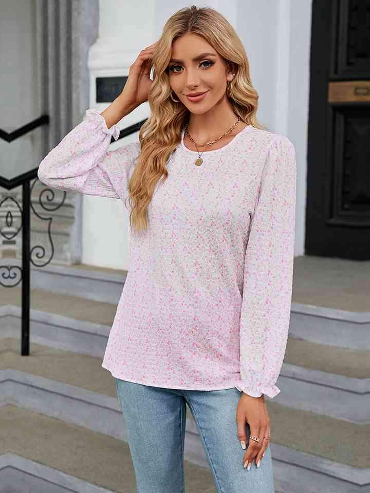 Printed Round Neck Flounce Sleeve Blouse Blush Pink Women's T-Shirts - Tophatter Daily Deals