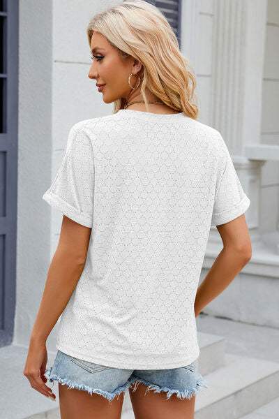 Eyelet Notched Short Sleeve T-Shirt Women's T-Shirts - Tophatter Daily Deals