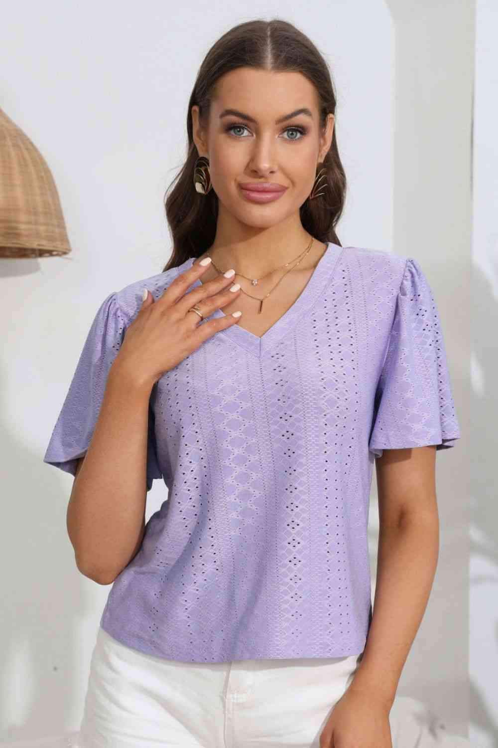 Eyelet V-Neck Flutter Sleeve Top Lavender Blouses - Tophatter Daily Deals