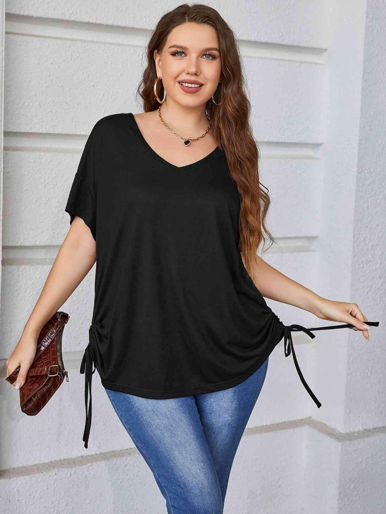 Plus Size Drawstring V-Neck Short Sleeve Blouse Black Blouses - Tophatter Daily Deals