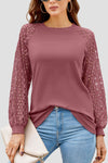 Full Size Eyelet Round Neck Long Sleeve T-Shirt Light Mauve Women's T-Shirts - Tophatter Daily Deals