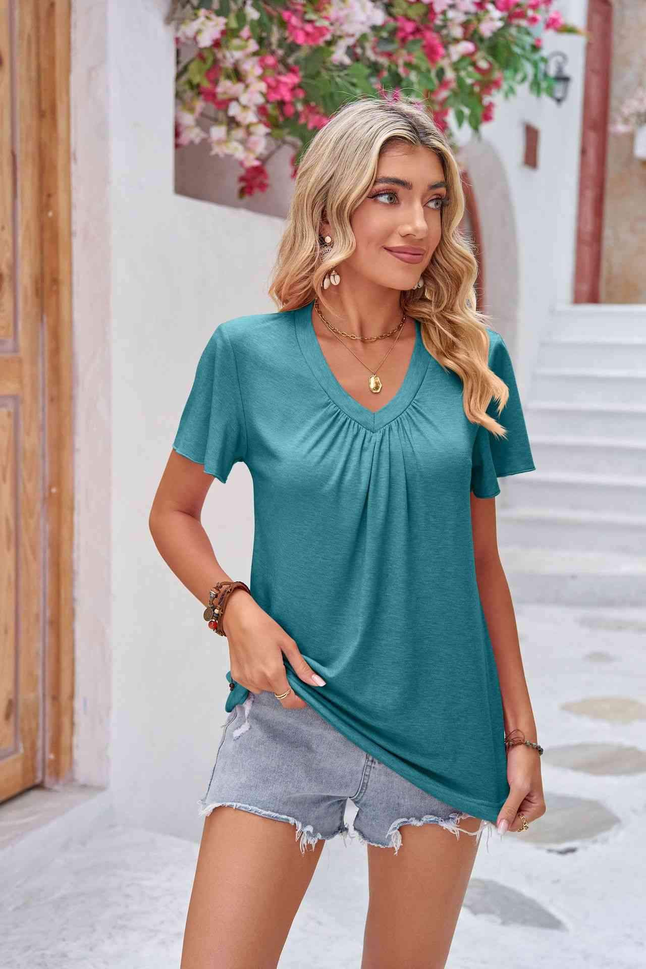 Ruched V-Neck Short Sleeve Tee Women's T-Shirts - Tophatter Daily Deals