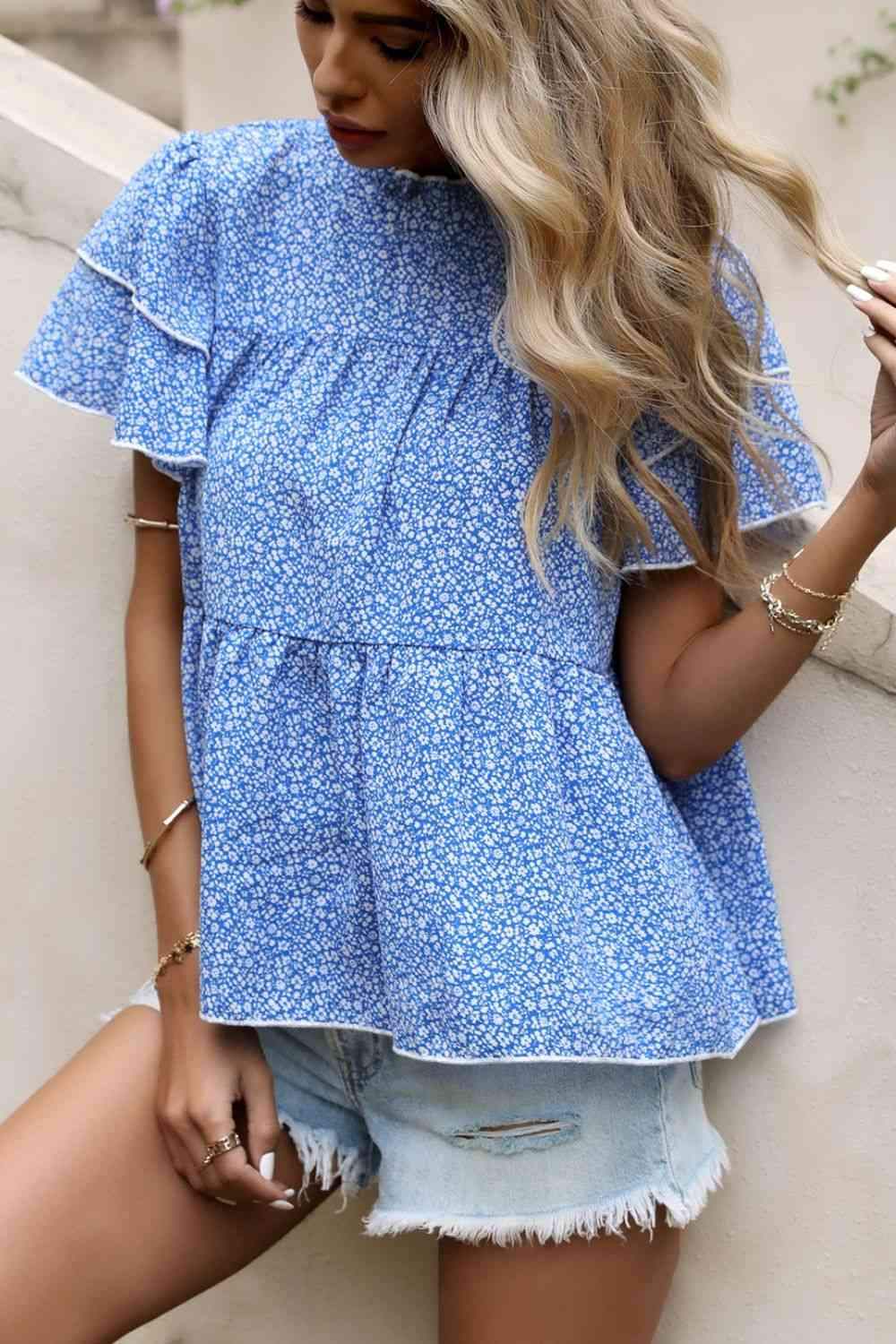 Ditsy Floral Layered Flutter Sleeve Blouse Blouses - Tophatter Daily Deals