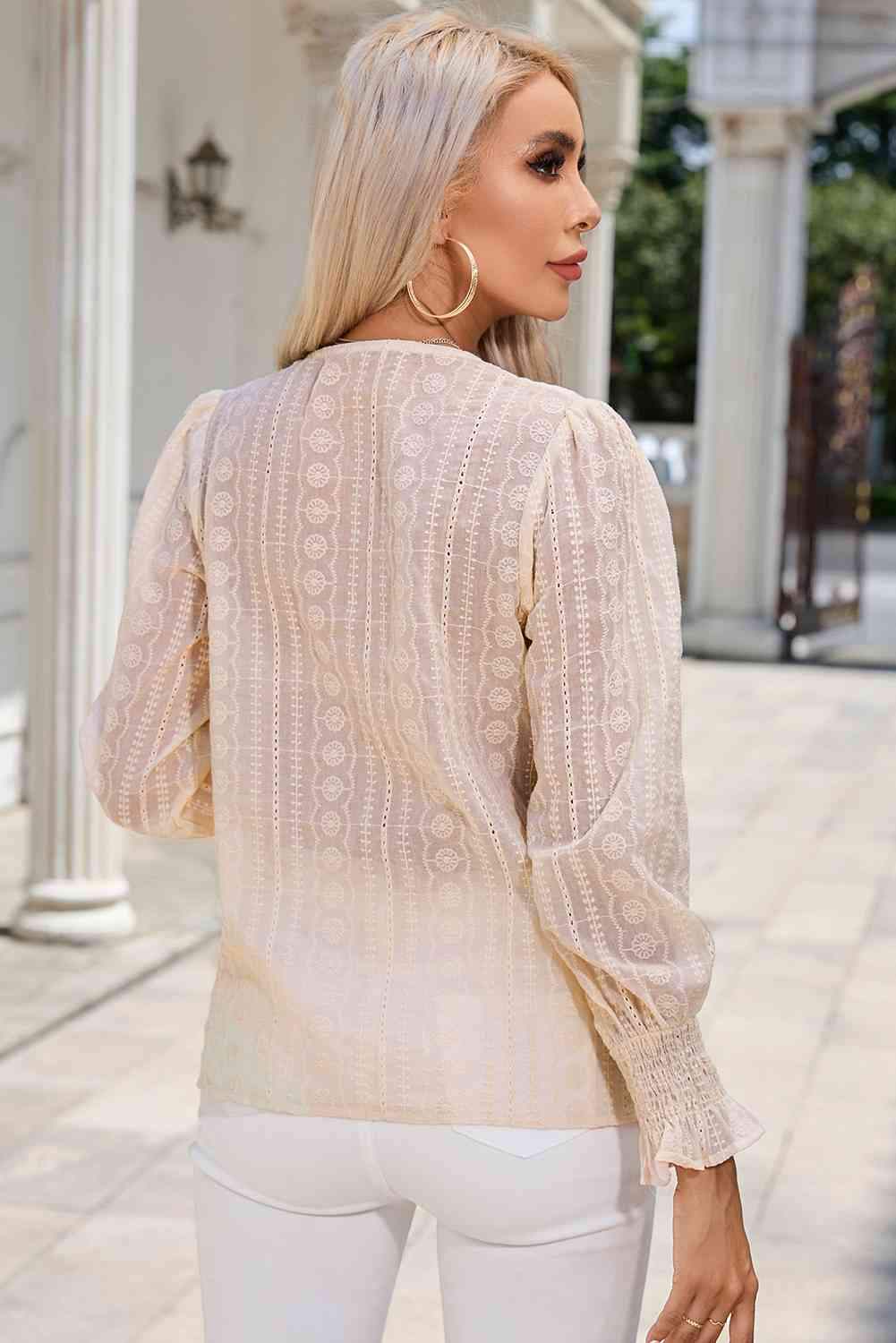 V-Neck Smocked Flounce Sleeve Blouse Blouses - Tophatter Daily Deals