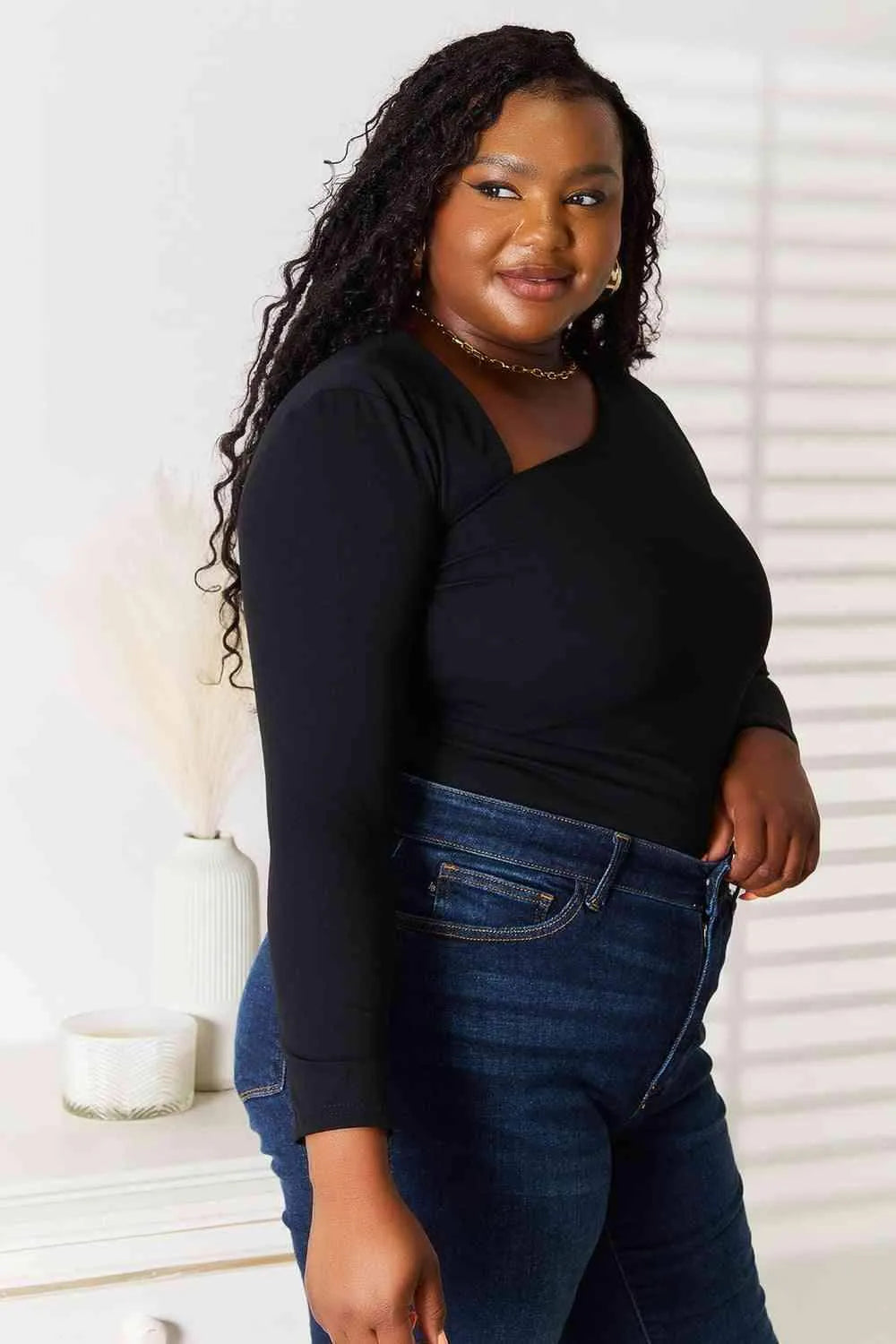 Basic Bae Asymmetrical Neck Long Sleeve Top Blouses - Tophatter Daily Deals