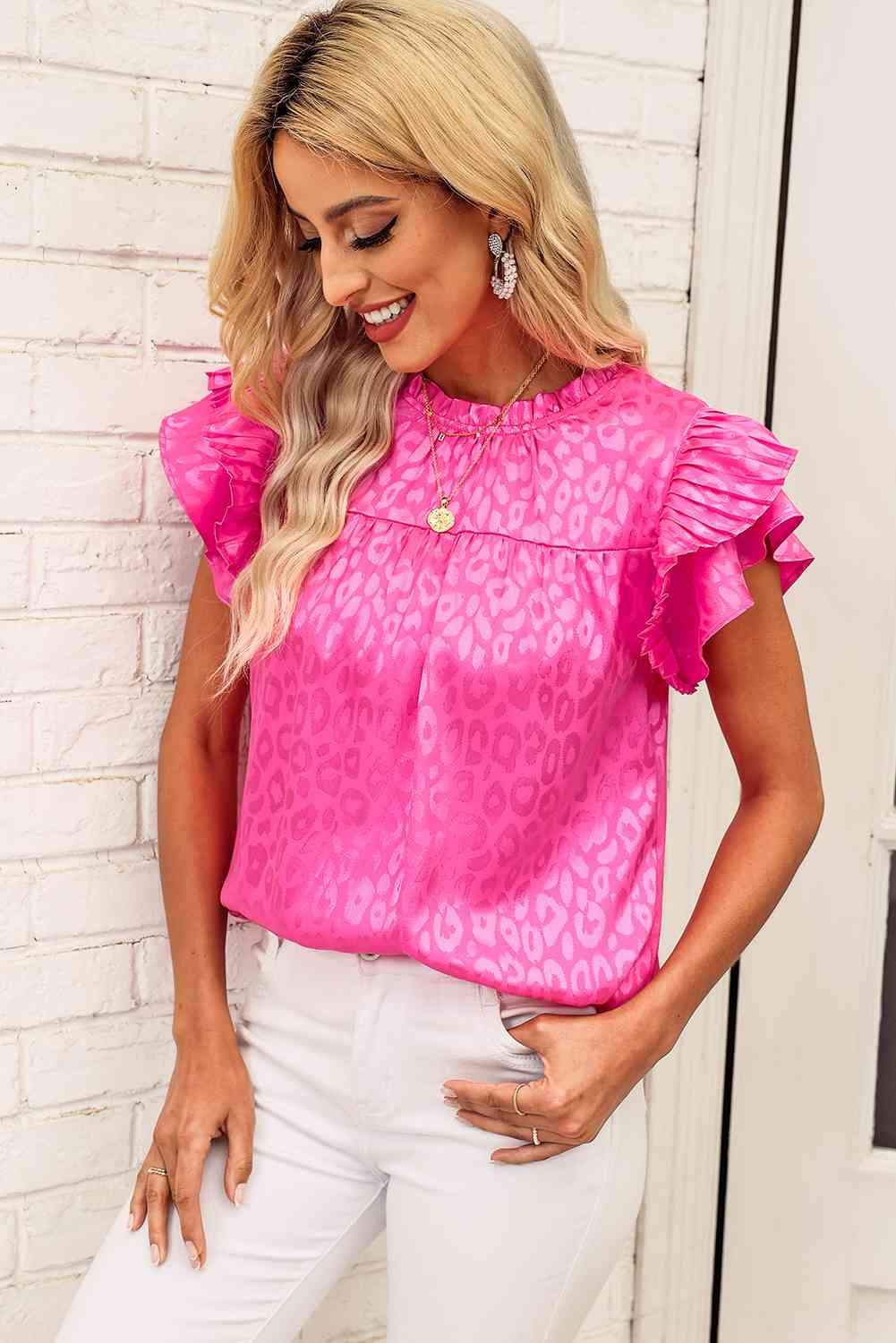 Leopard Flutter Sleeve Frill Neck Blouse Blouses - Tophatter Daily Deals