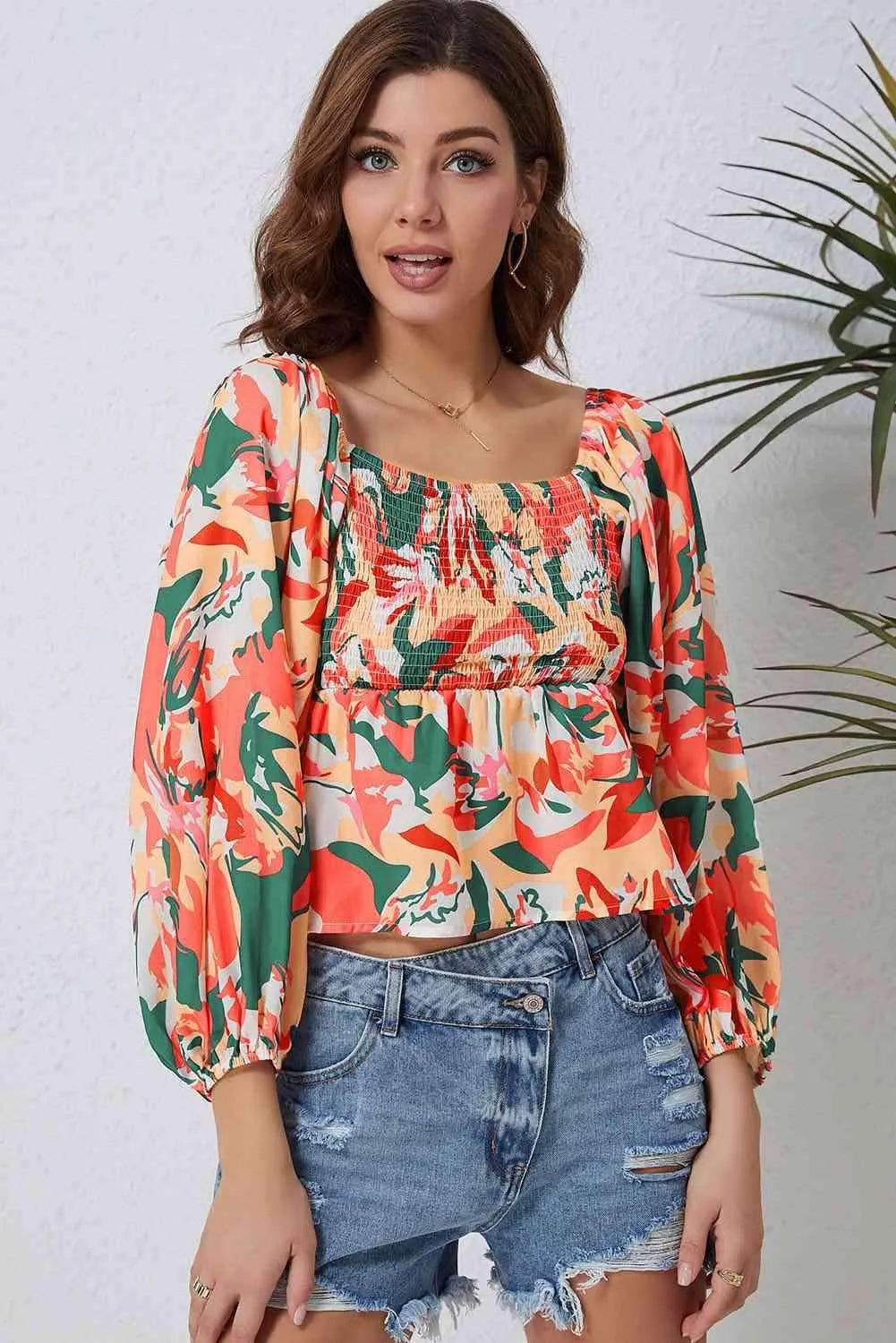 Multicolored Square Neck Smocked Babydoll Blouse Blouses - Tophatter Daily Deals