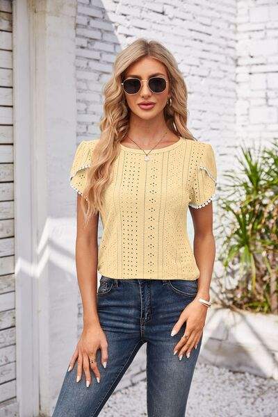 Eyelet Round Neck Petal Sleeve T-Shirt Women's T-Shirts - Tophatter Daily Deals