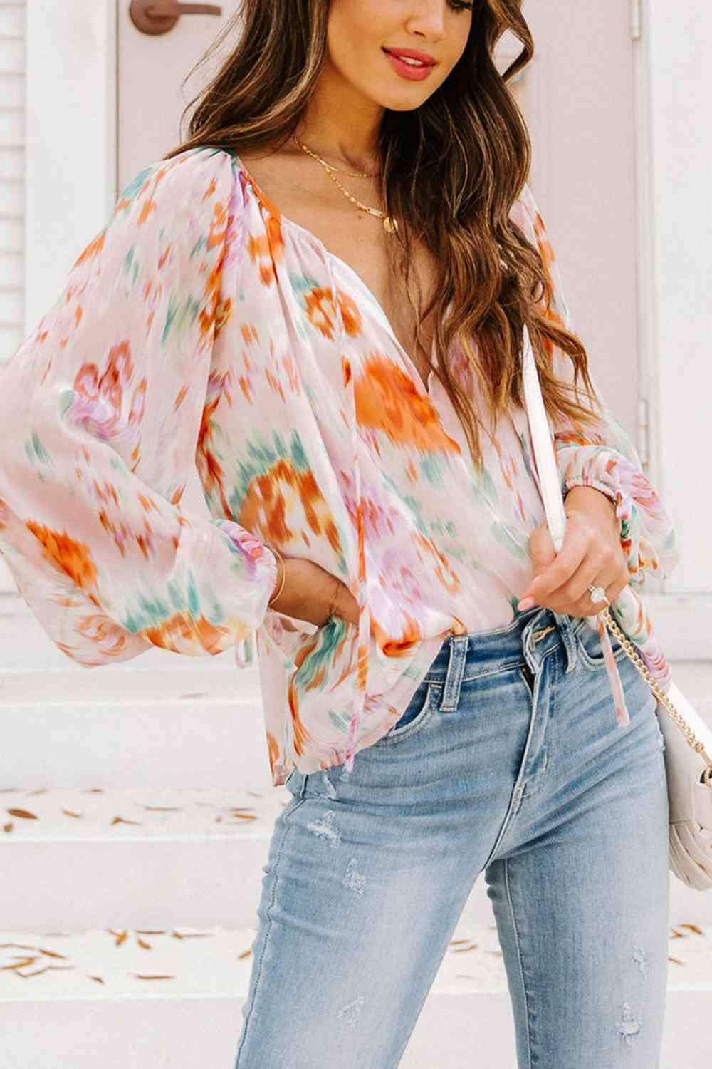 Printed Tie Neck Long Sleeve Blouse Blouses - Tophatter Daily Deals