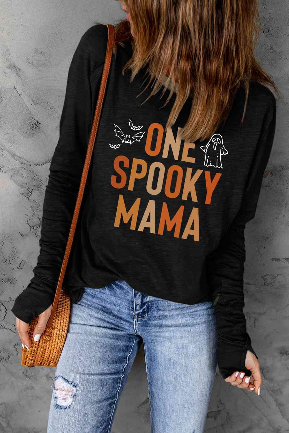 Round Neck Long Sleeve ONE SPOOKY MAMA Graphic T-Shirt Women's T-Shirts - Tophatter Daily Deals