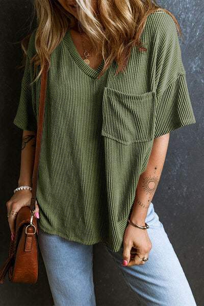 Textured V-Neck Dropped Shoulder T-Shirt Women's T-Shirts - Tophatter Daily Deals