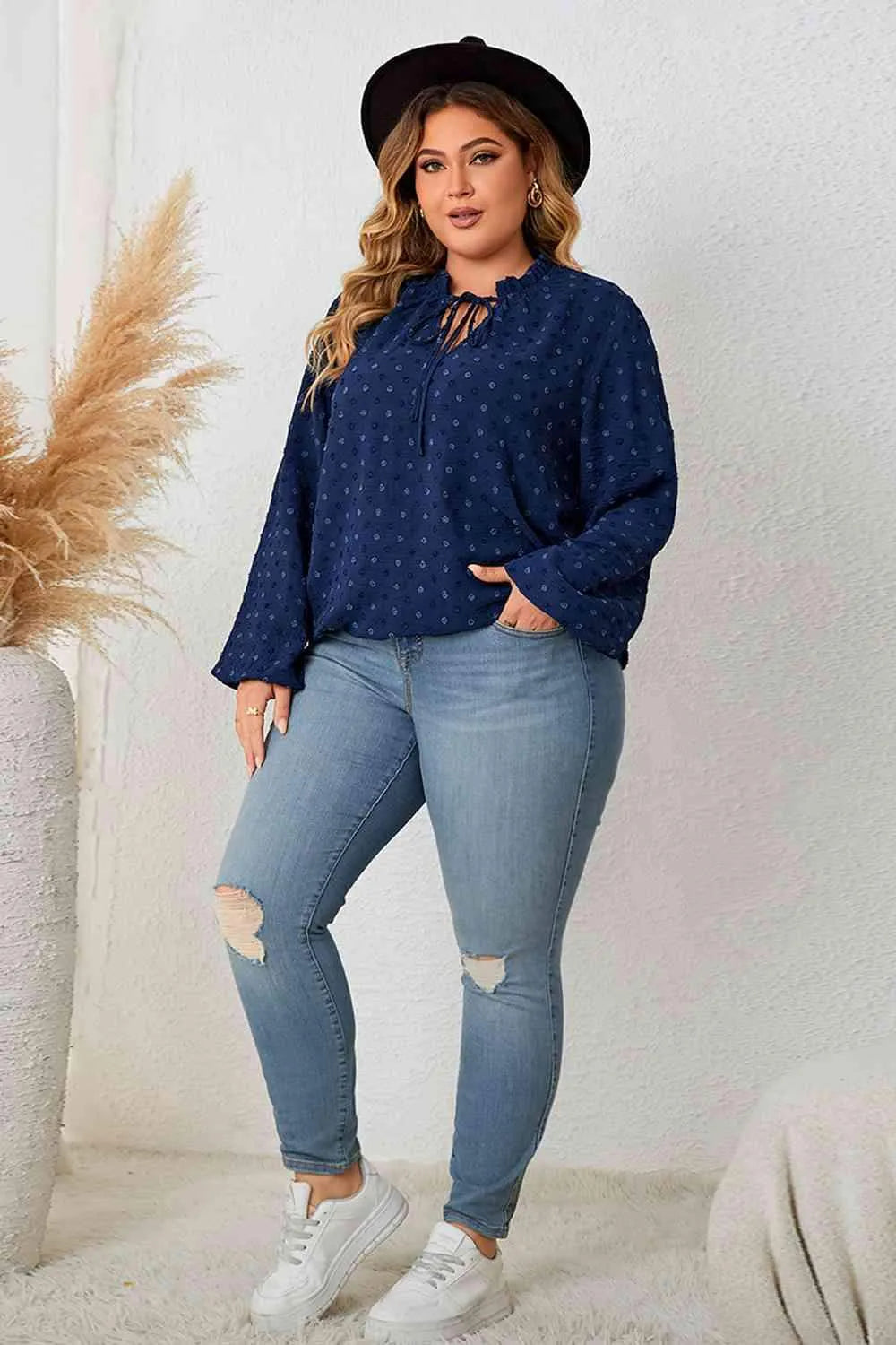 Plus Size Tie Neck Balloon Sleeve Blouse Blouses - Tophatter Daily Deals