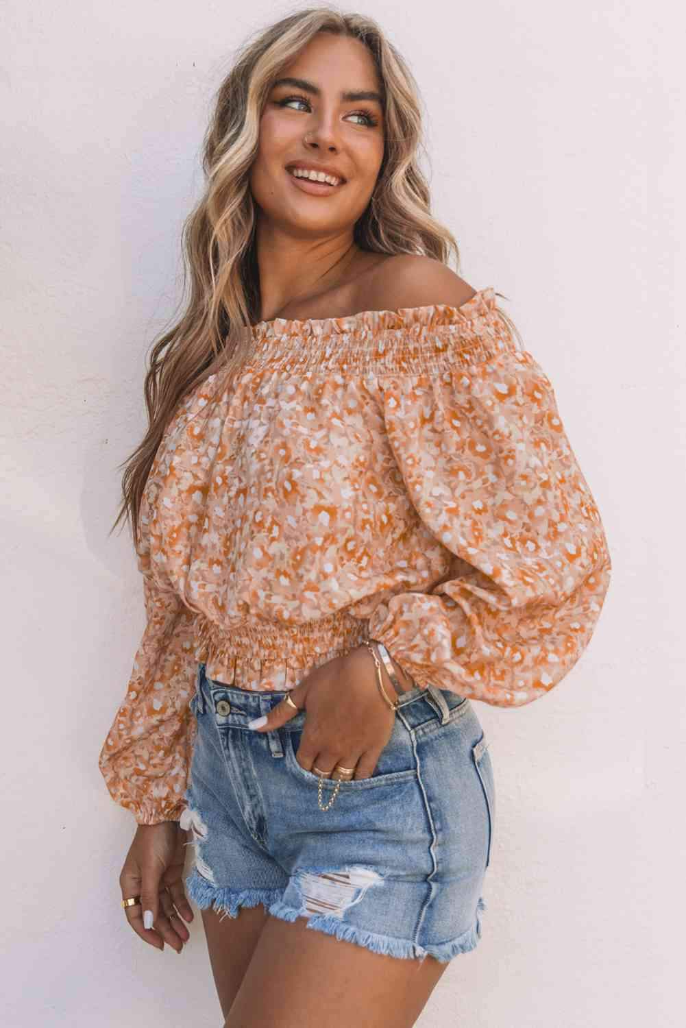 Floral Frill Trim Smocked Off-Shoulder Top Blouses - Tophatter Daily Deals