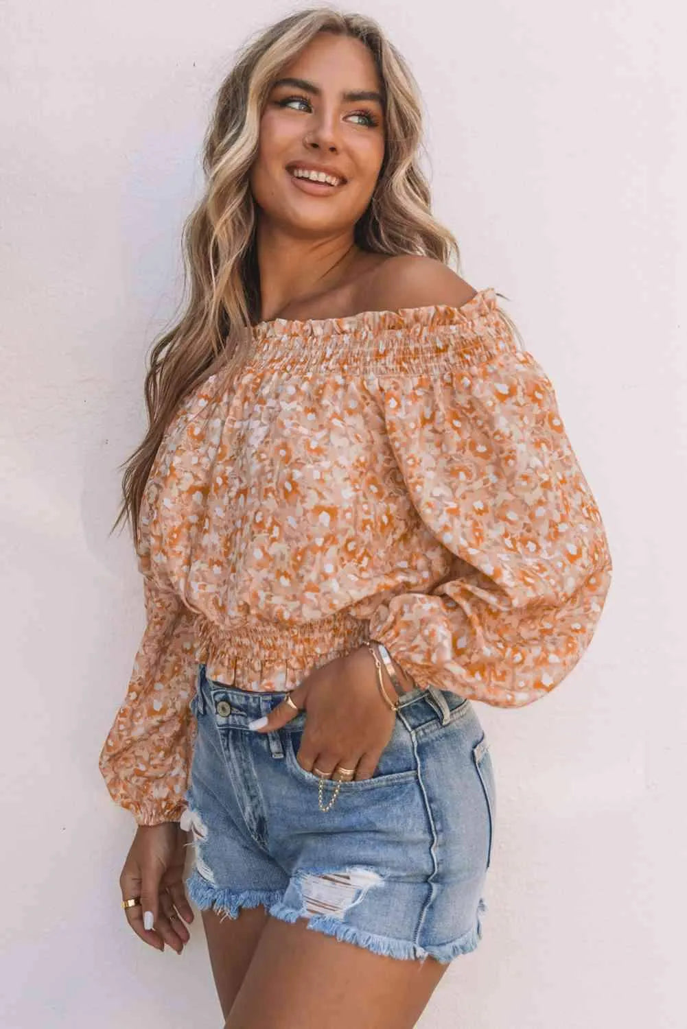 Floral Frill Trim Smocked Off-Shoulder Top Blouses - Tophatter Daily Deals