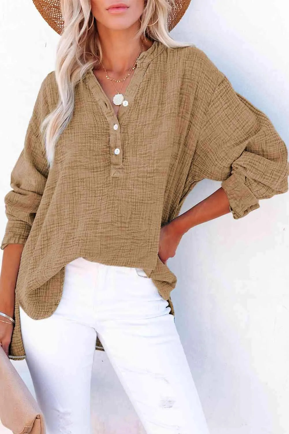 Buttoned Long Sleeve Blouse Khaki Blouses - Tophatter Daily Deals