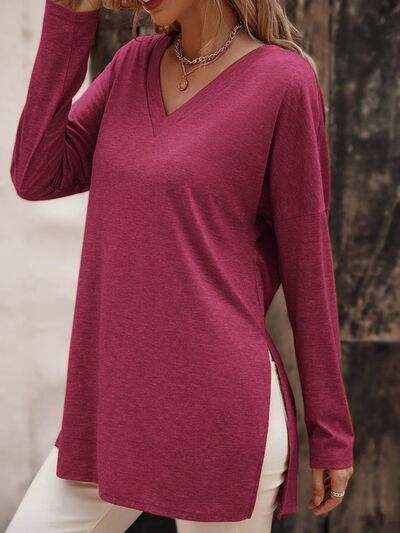 V-Neck Slit Long Sleeve T-Shirt Women's T-Shirts - Tophatter Daily Deals