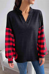 Buffalo Plaid Color Block Balloon Sleeve Top Blouses - Tophatter Daily Deals