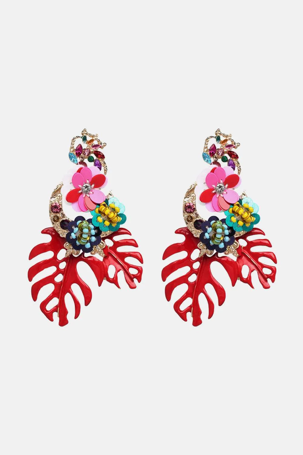 Leaf & Flower Shape Zinc Alloy Dangle Earrings Deep Red One Size Earrings - Tophatter Daily Deals