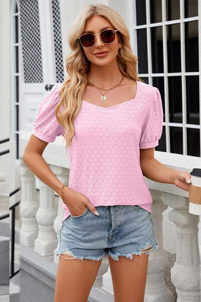 Eyelet Short Sleeve T-Shirt Women's T-Shirts - Tophatter Daily Deals