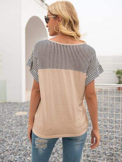 Striped V-Neck Short Sleeve T-Shirt Women's T-Shirts - Tophatter Daily Deals