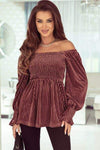 Smocked Ribbed Velvet Babydoll Top Light Mauve Blouses - Tophatter Daily Deals