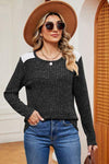 Eyelet Ribbed Round Neck Long Sleeve T-Shirt Black Women's T-Shirts - Tophatter Daily Deals