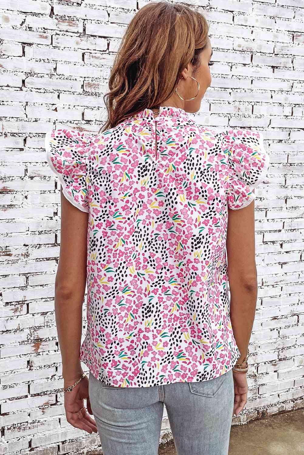 Floral Mock Neck Short Sleeve Blouse - Tophatter Deals