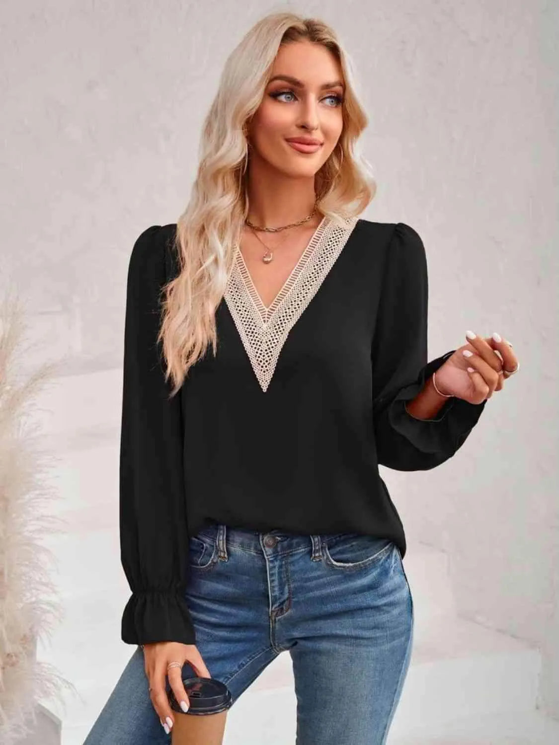 Contrast Trim Flounce Sleeve V-Neck Blouse Black Blouses - Tophatter Daily Deals
