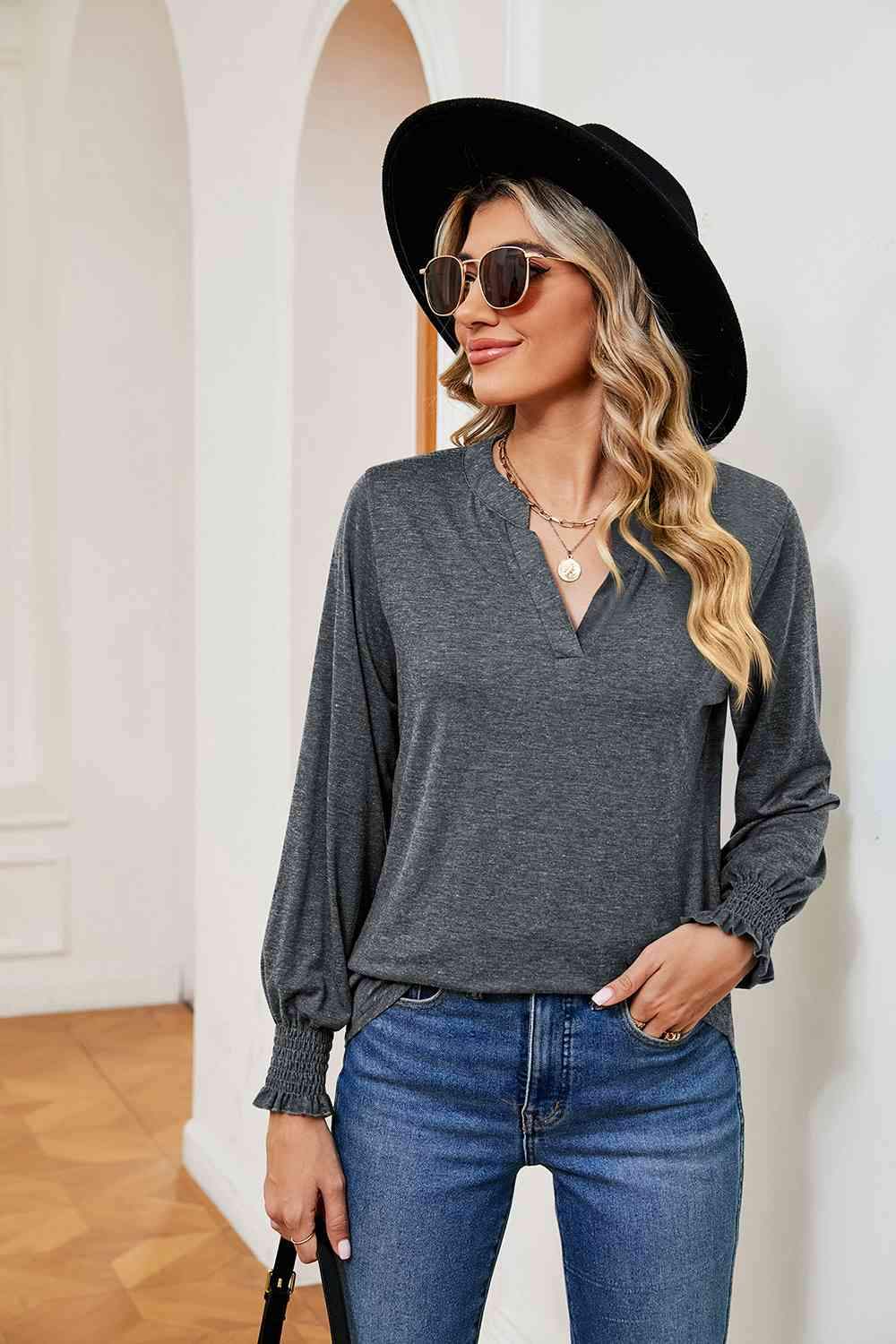 Notched Neck Long Sleeve Blouse Blouses - Tophatter Daily Deals