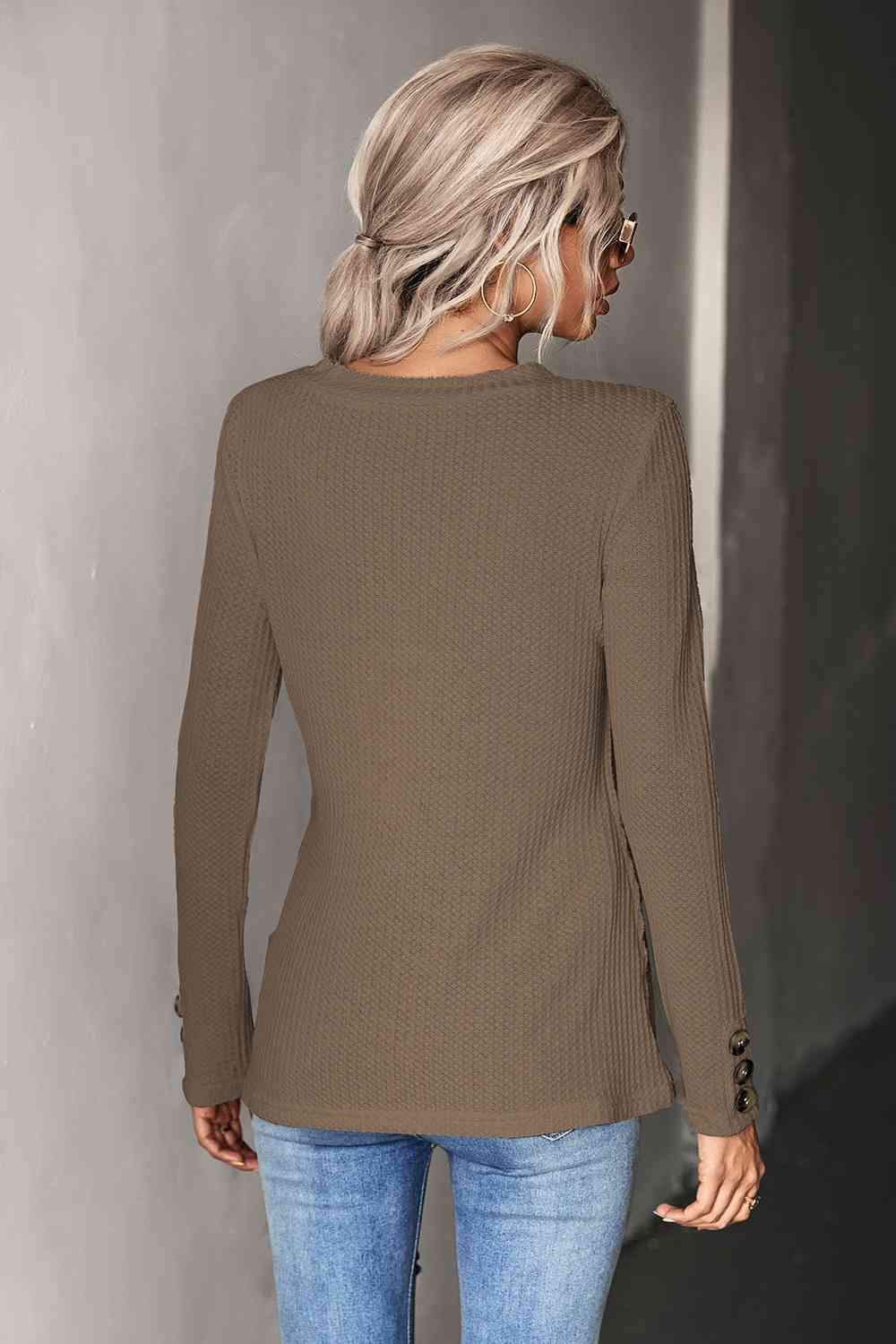 Waffle-Knit Button Detail V-Neck Top Blouses - Tophatter Daily Deals